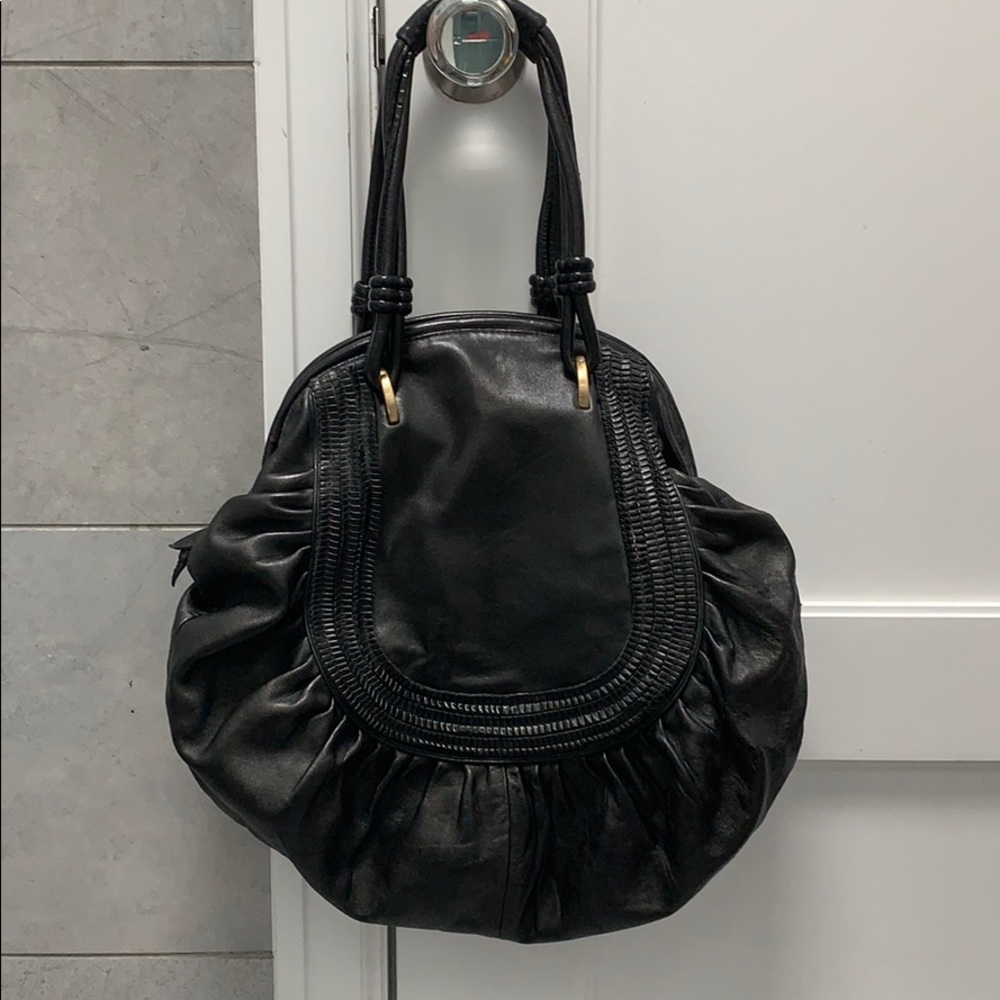 Tahari pleated, ruched, leather bag